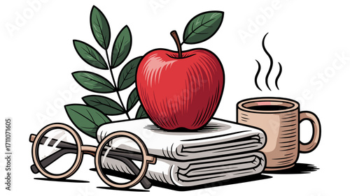 Morning study setup with a red apple, coffee, and books on a wooden table