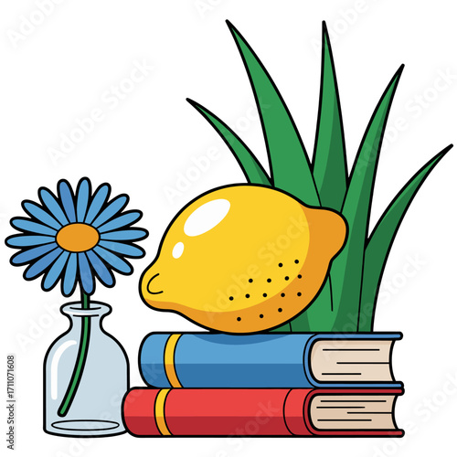 Bright lemon, blue flower, and colorful books create a cheerful still life setting on a simple background