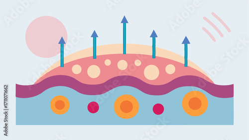 Cellular Process A closeup of skin cells with arrows indicating the release of exosomes and their interaction with skin fibroblasts highlighting improved collagen production.