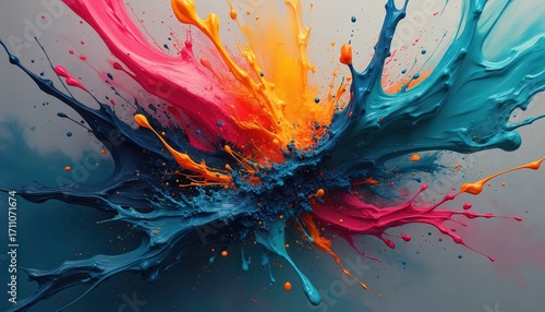 Fototapeta Naklejka Na Ścianę i Meble -  Explosion of vibrant liquid paint splatters in dynamic motion. Abstract wave forms of blue, pink, orange, and teal merge and flow with energetic visual impact.
