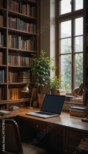 Cozy home office in a classic study with library