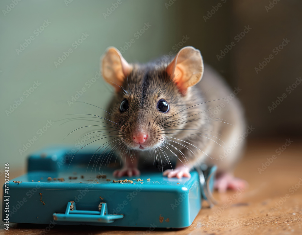 Fototapeta premium Small grey mouse sits on blue glue trap. Rodent stuck in sticky trap near food crumbs. Pest control in home kitchen environment. Danger and risk for house inhabitants.