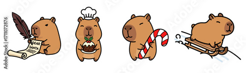 A set of four cute cartoon capybaras celebrating Christmas and winter holidays. This festive collection includes a capybara writing a letter to Santa, cooking a Christmas pudding, holding a candy cane
