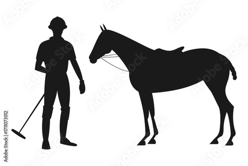 Silhouette of a polo player standing beside a saddled horse holding a mallet on white background