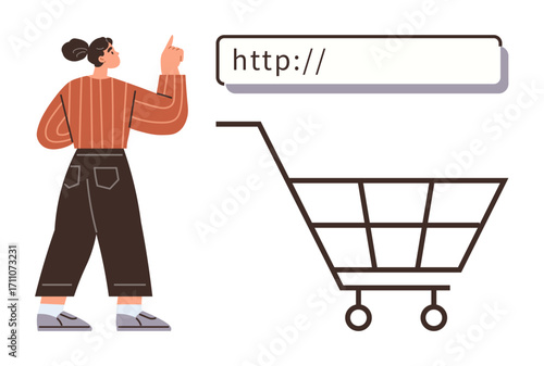 Woman in casual outfit points to a URL bar alongside an empty shopping cart conveying an online shopping idea. Ideal for e-commerce, technology, marketing, navigation, retail, consumer behavior