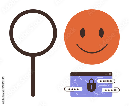 Magnifier, orange happy face, secure card with lock and passwords. Ideal for cybersecurity, privacy, protection, identity, data safety encryption password management. Simple flat metaphor