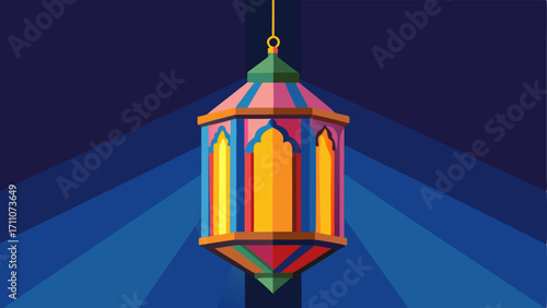 A Moroccanstyle lantern with colorful stained glass panels hangs from the ceiling casting a warm glow throughout the room.