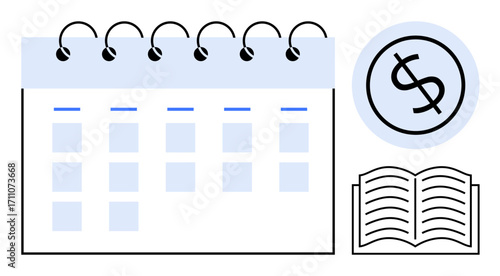 Spiral calendar with marked days, open book, and dollar sign in a circle. Ideal for budgeting, finance, planning, education, scheduling management study tools. Simple flat metaphor