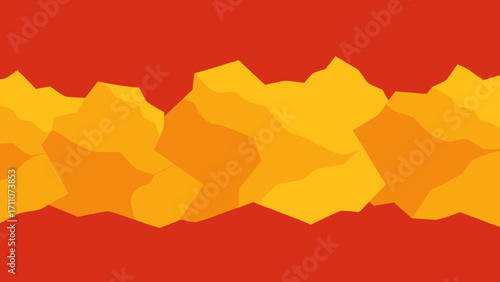The vibrant vector illustration shows a landscape of autumn maple leaves and a lone tree against an orange sky and sunset over mountains