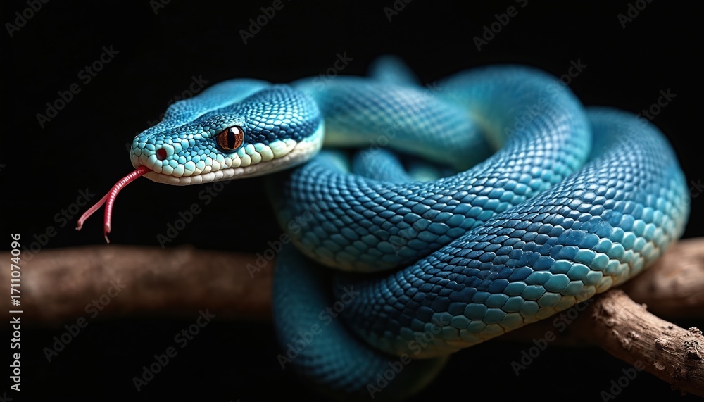 Fototapeta premium Blue pit viper snake coils on dry branch. Vivid blue body, unique scale pattern, clearly visible. Venomous reptile senses air with red tongue. eye looks. Dangerous creature. Wild animal with amazing
