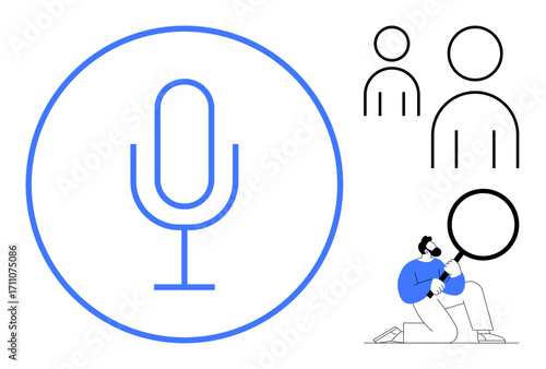 Blue microphone icon with human profiles and a person analyzing with a magnifying glass. Ideal for technology, voice recognition, user analysis, AI, digital communication, online search, simple flat