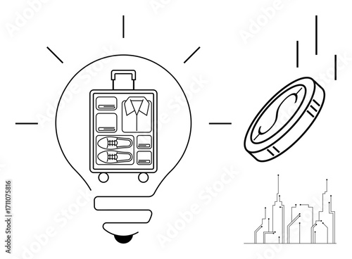 Packed suitcase inside bulb symbolizing travel ideas, surrounded by a falling coin and city skyline. Ideal for travel, innovation, budget planning, tourism, economy, exploration urban growth. Simple