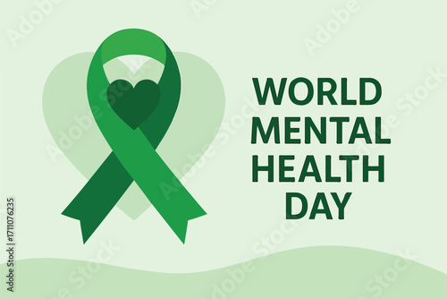 Green ribbon with heart icon for World Mental Health Day awareness.  green ribbon and heart vector for poster design.