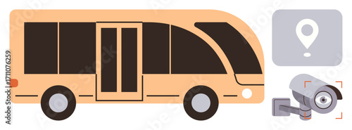 Modern bus with large windows, door, and wheels accompanied by geolocation pin and security camera. Ideal for transportation, safety, tracking, technology, surveillance, urban mobility public