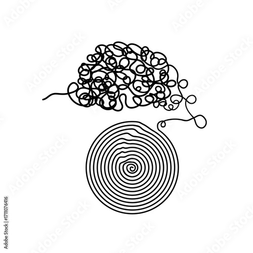 Tangle and unraveling thread of thoughts drawn in one continuous line. Concept of psychotherapy, mental health, problem solving. Vector editable line illustration.