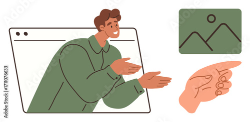 Person emerging from a browser window presenting a landscape image, while a hand points toward the icon. Ideal for online tutorials, presentations, education, marketing, guidance, interaction