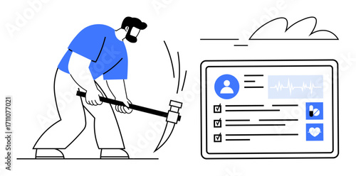 Man wielding a pickaxe next to a digital screen displaying a user profile, analytics, and health stats. Ideal for data analysis, mining, technology, research, healthcare, productivity and innovation