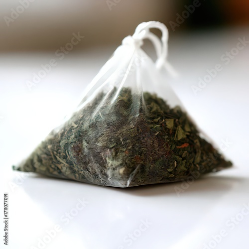 A close-up of a mesh tea bag filled with dried herbs, perfect for organic or wellness-related content, This image can be used in cooking blogs, health articles, or herbal product promotions,