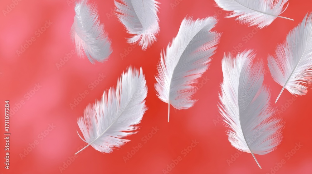 Naklejka premium Red background with white feathers flying in the air
