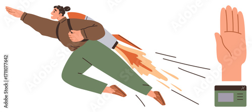Individual with rocket backpack propelling forward, extending hand confidently. Ideal for motivation, innovation, perseverance, progress, ambition, goal-setting, simple flat metaphor