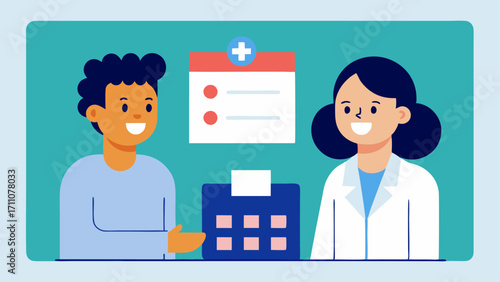 FollowUp Appointments Both the doctor and patient smiling as they discuss scheduling future followup appointments on a calendar emphasizing a continued partnership in health.