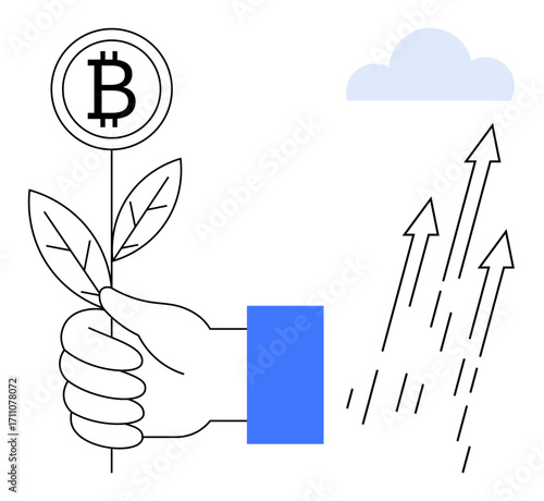 Hand holding plant sprouting Bitcoin sign with arrows rising upward and light cloud above. Ideal for cryptocurrency, finance, investment, growth, potential, innovation, sustainability. Simple flat