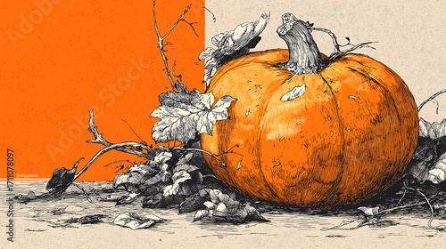 Pumpkin illustration vintage style halloween thanksgiving harvest art