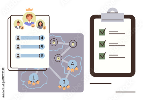 Gamified user rankings, task progress map with stars, and detailed checklist with green ticks. Ideal for productivity, teamwork, goals, project management, efficiency, success tracking simple flat