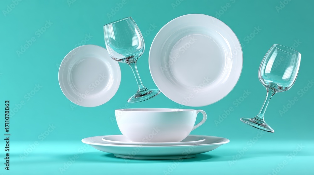 Fototapeta premium White plate with a cup and a wine glass on top of it