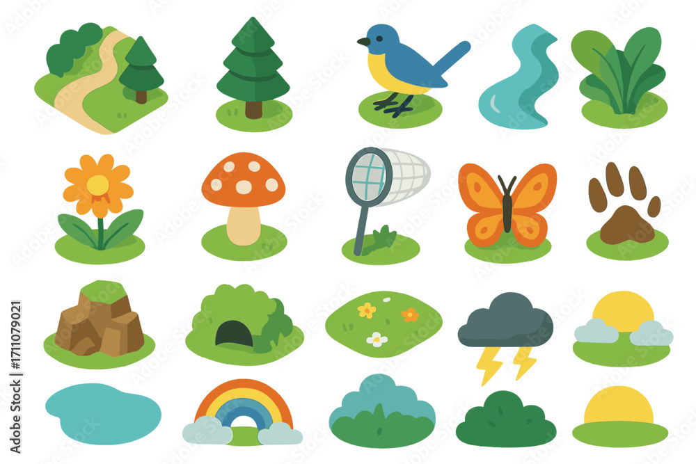 Obraz premium Nature elements flat icon set. featuring tree, bird, river, flower, mushroom, butterfly, rainbow, sun, cloud, and pond