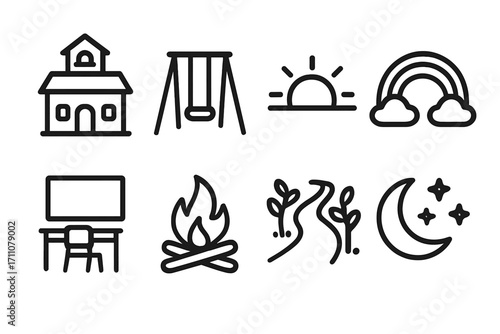 Camping and outdoor silhouette icon set. featuring cabin, swing, sunrise, rainbow, desk, campfire, tree, night
