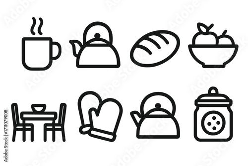 Kitchen essentials silhouette icon set. featuring mug, teapot, bread, fruit bowl, dining table, oven mitts, jar.