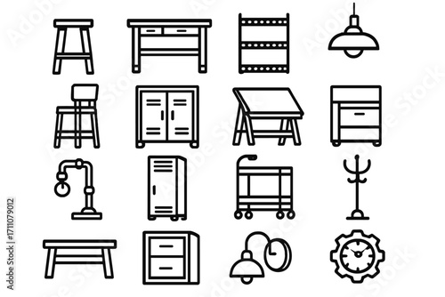 Furniture linear icon set. featuring stool, desk, shelf, lamp, chair, locker, drafting table, and clock icons
