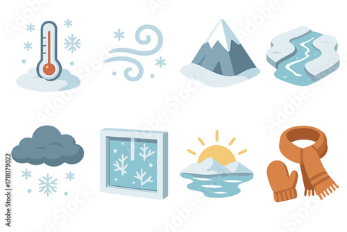 Winter elements flat icons set. featuring thermometer, wind, mountain, iceberg, cloud, snow, window, sunset, scarf