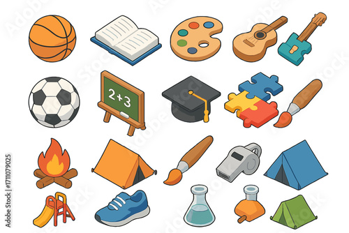 Education and sports flat icons set. featuring basketball, book, palette, guitar, soccer, chalkboard, graduation cap, puzzle, campfire