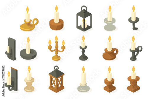 Candle silhouette icon set. featuring lantern, candlestick, chandelier, sconce, and torch symbols