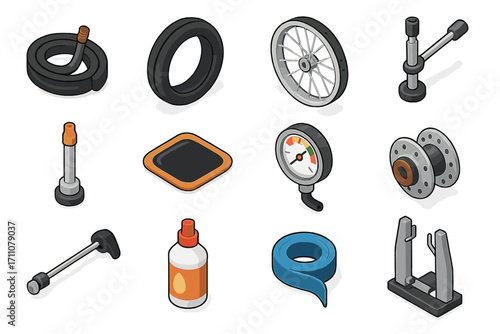 Bicycle parts flat icons set. featuring tire, wheel, pump, valve, patch, gauge, hub, spoke, sealant, and truing stand