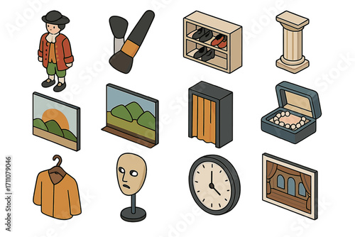 Theater flat icon set. featuring actors, makeup, wardrobe, stage, curtain, columns, and ticket symbols