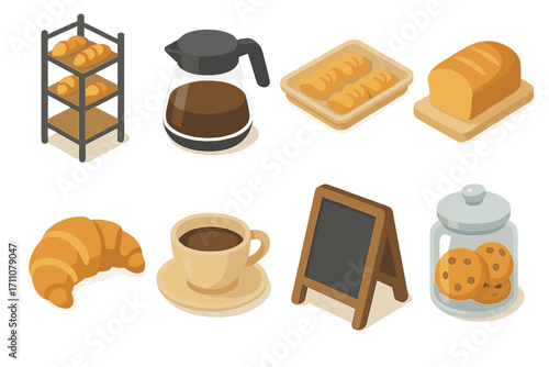 Bakery silhouette icon set. featuring bread, coffee pot, tray, loaf, croissant, cup, signboard, jar