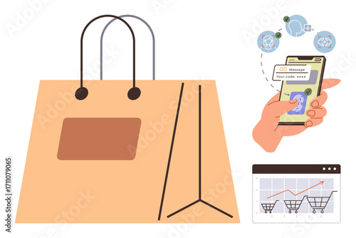 Large shopping bag, hand holding smartphone for mobile payment, analytics chart with cart data, and digital connections. Ideal for e-commerce, online shopping, digital marketing, payment technology