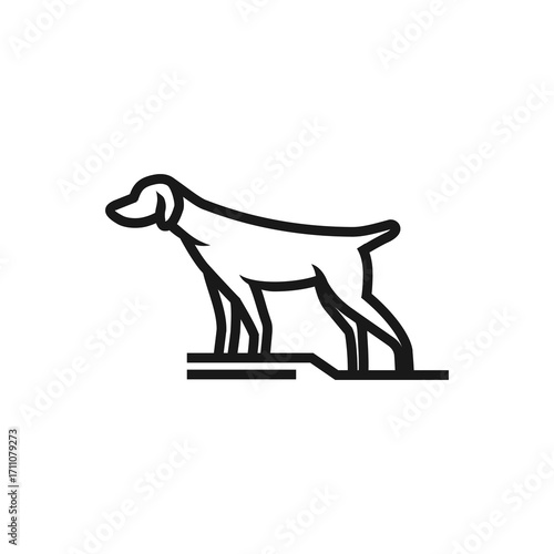 A minimalist black line art icon of a hunting dog in a classic pointing stance on a white background.