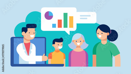 Family Health Monitor An image of a family gathered around a screen while discussing their health metrics with a remote doctor with colorful graphs appearing on the screen.
