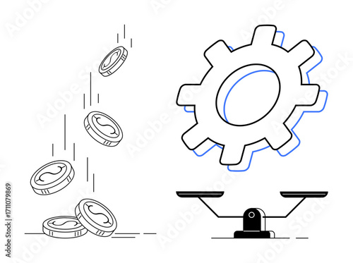 Coins cascading, gear symbolizing process or industry, and scale indicating equilibrium. Ideal for finance, investment, productivity, business, decision-making economy efficiency. Clear simple