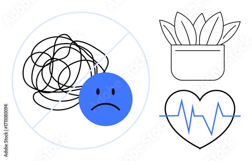 Tangled lines crossed out beside a sad face, healthy plant, and heart with heartbeat line. Ideal for mental health, positivity, self-care, relaxation, growth, wellbeing simple flat metaphor