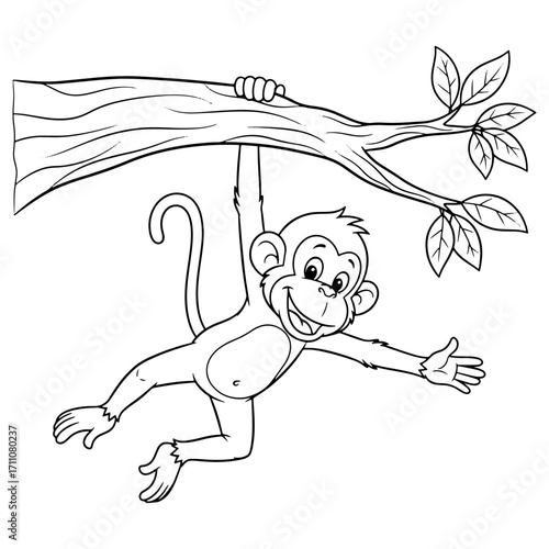 Cute Monkey Swinging from Tree Branch Coloring Page Vector Illustration