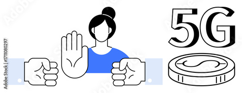 Woman raises hand as a stop gesture against two fists, with 5G text and coin depiction nearby. Ideal for communication, conflict, finance, technology, protection, connectivity, simple flat metaphor