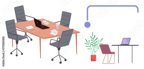 Empty meeting room with table, office chairs, laptops, and potted plant. Ideal for team collaboration, remote work, workspace management, office culture, teamwork productivity simple flat metaphor