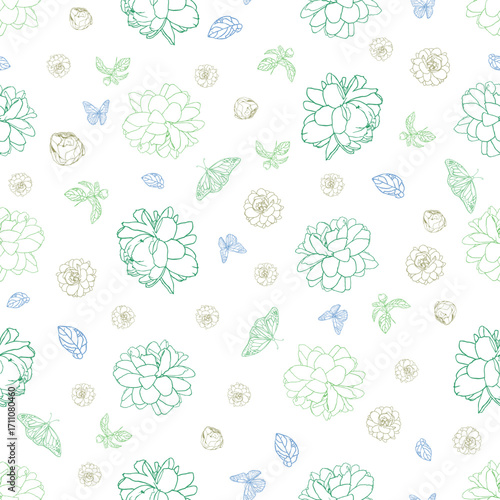 Vector Jasminum sambac or Arabian Jasmine flower seamless repeat pattern with white background patgen2 leaves and butterfly. Suitable for textile, wallpaper and gift wrap.