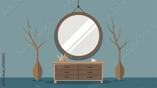A large round mirror with a driftwood frame hanging above a white dresser.