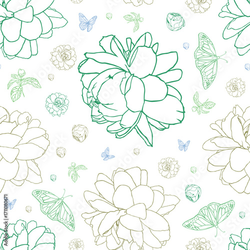 Vector Jasminum sambac or Arabian Jasmine flower seamless repeat pattern with white background patgen3 leaves and butterfly. Suitable for textile, wallpaper and gift wrap.